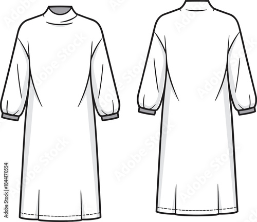 Technical fashion illustration of minimalist long sleeve midi dress with mock neck, front and back views vector line artTechnical fashion illustration of minimalist long sleeve midi 