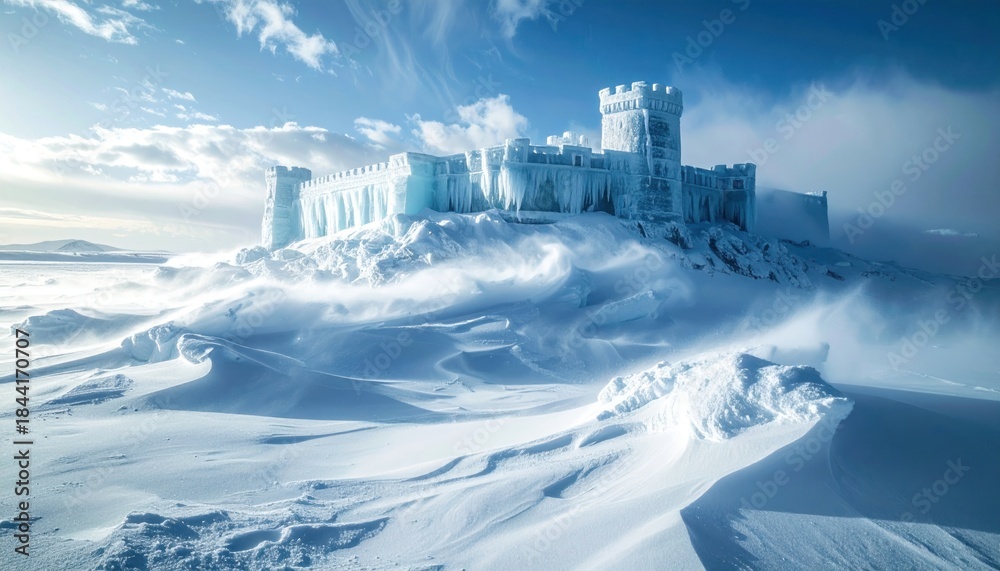 Obraz premium Ice castle on a snowy hill under a bright winter sky, wind creating drifts