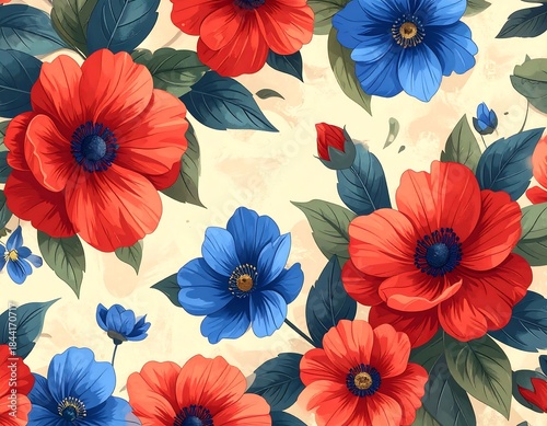 Wallpaper Mural Floral pattern of stylized red and blue flowers with dark green leaves Torontodigital.ca