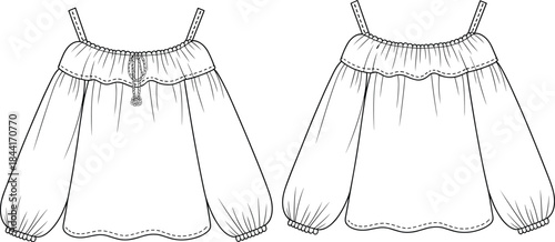 Technical fashion illustration of off shoulder blouse with long puff sleeves and elastic neckline, front and back views vector line art