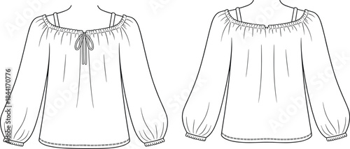 Technical fashion illustration of off shoulder peasant blouse with long sleeves and drawstring neckline, front and back views vector line art