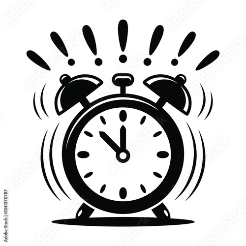 Ringing alarm clock with exclamation marks showing urgent time or deadline