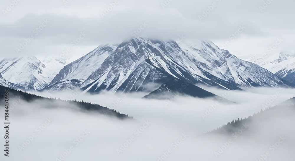 Obraz premium Snow-capped peaks emerge from mist, clouds surround mountains. Monochromatic, cool tones