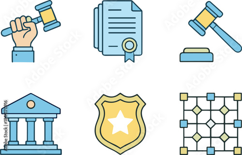 Legal law and justice vector icons set featuring gavel, scales, police badge, books, and documents, cad drawing flat vector illustration