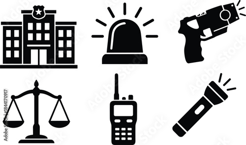 Law enforcement and security icons set, police station, siren alarm, taser gun, justice scale, radio, flashlight vector