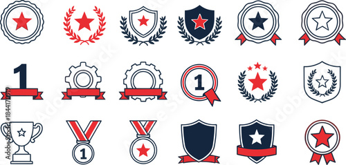 Award badge and trophy icon set with shields, stars, medals and ribbons, flat vector collection for achievement, ranking and certification design