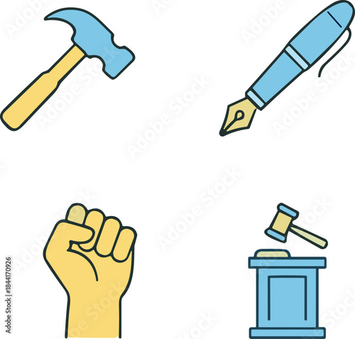 Legal law and justice vector icons set featuring gavel, scales, police badge, books, and documents, cad drawing flat vector illustration