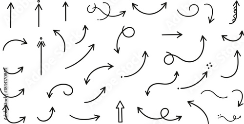 Hand drawn arrow icon set with curved, straight and decorative arrows, doodle style vector collection for navigation, direction and infographic design
