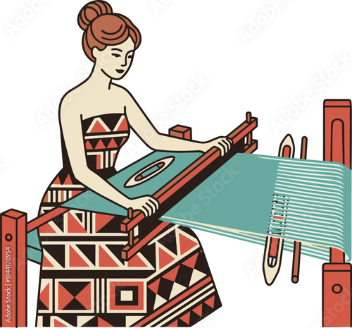 Traditional woman weaving textile on loom, cultural folk art illustration, handmade fabric craft, heritage design, ethnic pattern, vintage style, vector