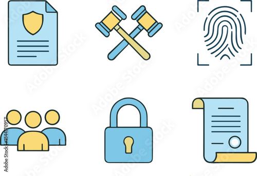 Legal law and justice vector icons set including gavel, scales, books, fingerprint, and courthouse, cad drawing flat vector illustration