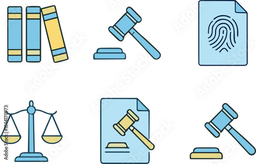 Law and justice vector icons set featuring gavel, scales, documents, books, and courthouse, cad drawing flat vector illustration for legal concepts.
