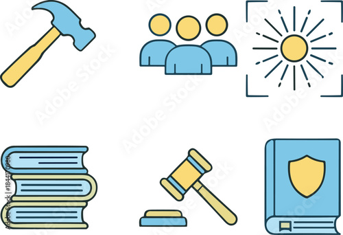Law and justice vector icons set featuring gavel, scales, shield and books, cad drawing flat vector illustration for legal concepts