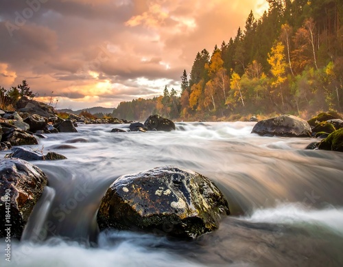 Wallpaper Mural Flowing river through rocky terrain at sunset with colorful sky Torontodigital.ca