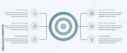 Target infographic template with a bullseye and six connected elements for your icons and text