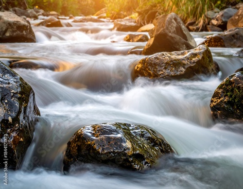 Wallpaper Mural Flowing water surrounds large rocks with sunlit backdrop Torontodigital.ca