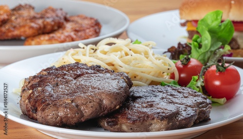 steak, pasta, burger and salad on wooden table