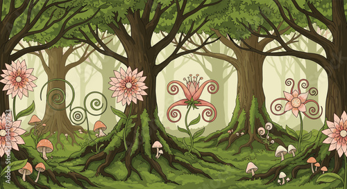 Whimsical forest scene with stylized pink flowers, towering trees, mossy roots, and various mushrooms, creating an enchanted fantasy landscape.