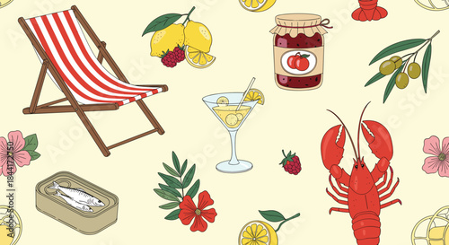 A cheerful seamless pattern featuring vibrant illustrations of summer vacation elements: a striped deck chair, fresh fruits, refreshing drinks, seafood, and flowers, on a light background.