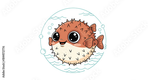A charming cartoon pufferfish, puffed up with spikes, features big expressive eyes and a delightful smile, set in a simple aquatic circle with waves and bubbles.