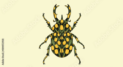 An artistic and highly stylized illustration of a stag beetle adorned with intricate yellow tulip and green foliage patterns across its body, set against a calming pale yellow backdrop.