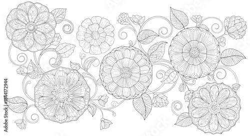 Detailed black and white line drawing depicting an ornate botanical arrangement of decorative blossoms and intertwined leaves, perfect for mindful coloring.