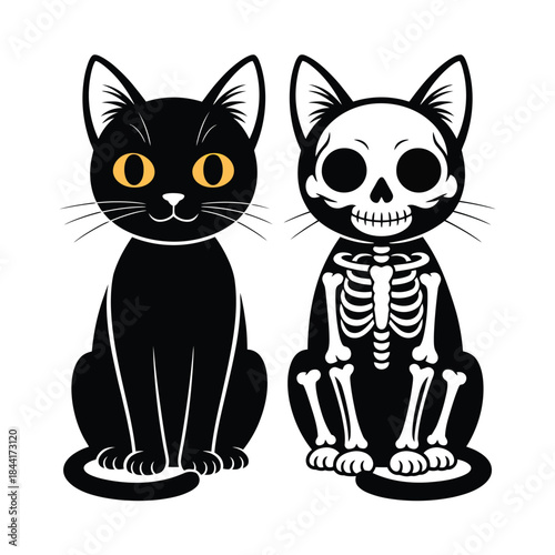 A spooky illustration of a black cat and its skeletal counterpart