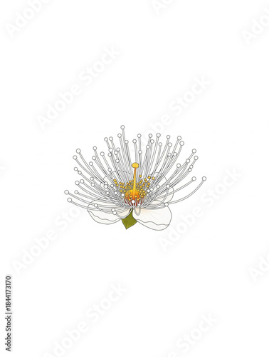 Stylized illustration of a single white flower on a white background.
