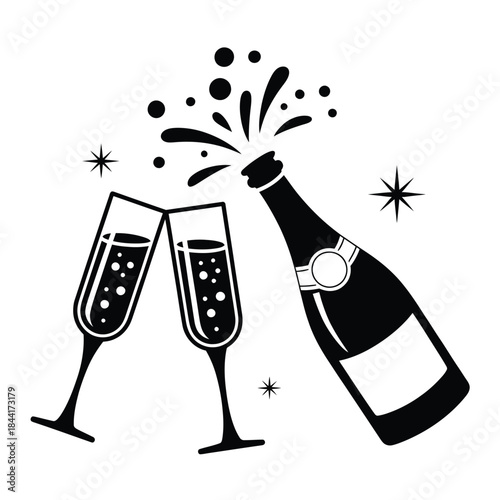 A celebratory toast with champagne glasses and bottle popping with joy