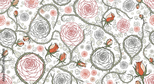 A delicate white background adorned with a charming pattern of blooming roses and swirling vines.