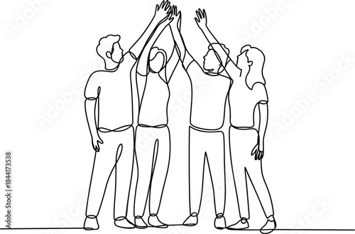 Four people standing in a circle with raised hands