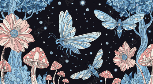 A whimsical nocturnal forest scene with glowing blue moths, pink-capped mushrooms, and blooming flowers amidst mystical blue crystalline trees under a starry night sky.