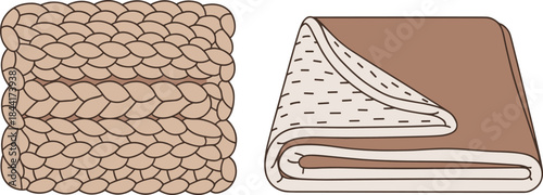 Folded knitted blanket and soft fleece throw illustration, cozy textile fabric set, warm home comfort concept design