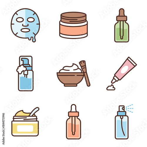 Skincare and beauty cosmetic product icons: sheet mask, cream, serum, dispenser, and tube symbols in colorful flat style