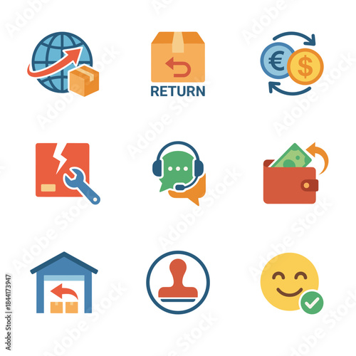 E-commerce and customer service icon collection: global shipping, return, payment, support, and quality symbols