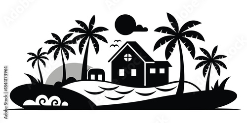 A serene tropical island scene showcases a small house nestled among palm trees under a moonlit sky