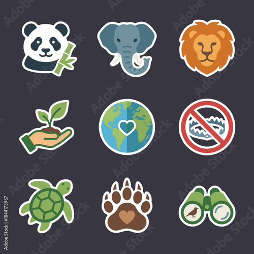 Wildlife and environment protection icon collection: animals, nature, conservation, and save the planet symbols