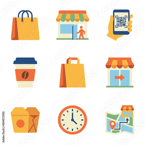 Retail shopping and delivery services icon collection: paper bag, storefront, QR code payment, and location map symbols