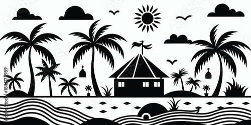 A striking black and white illustration depicts a tropical paradise with palm trees a beach hut and radiant sun