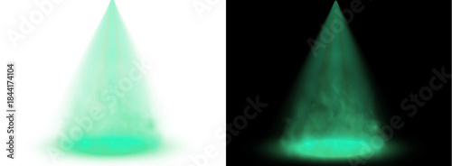 PNG image ofTwo distinct vibrant cyan green spotlight beams illuminate a dark stage background creating dramatic lighting effects for performance or design on transparent background