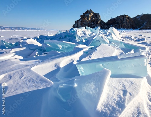 Wallpaper Mural Frozen lake scene with blue ice shards and a rocky island Torontodigital.ca