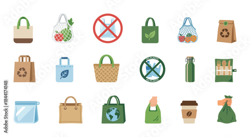 Eco-Friendly Shopping and Zero Waste Icons Set: Reusable Bags, No Plastic Sign, Mesh Totes, and Sustainable Consumer Lifestyle