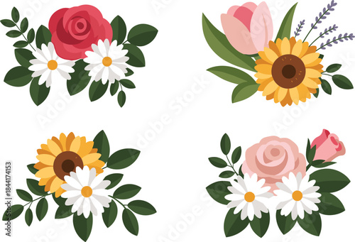 Colorful cartoon flowers set, flat illustration of cute floral icons, spring garden plants, decorative kids style botanical collection
