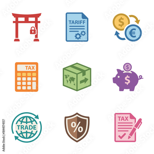 Global Trade, Tax, and Tariff Regulation Icons Set: International Commerce, Finance, Import Export Duty, and Economic Policy