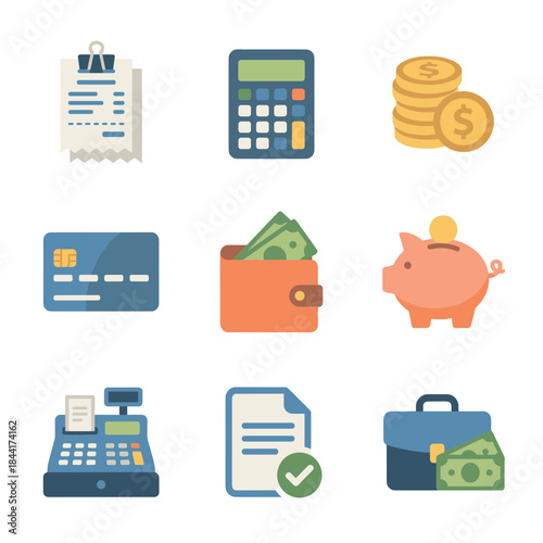 Financial Accounting and Money Management Icons Set: Calculator, Receipt, Cash, Credit Card, Piggy Bank, and Business Finance Symbols
