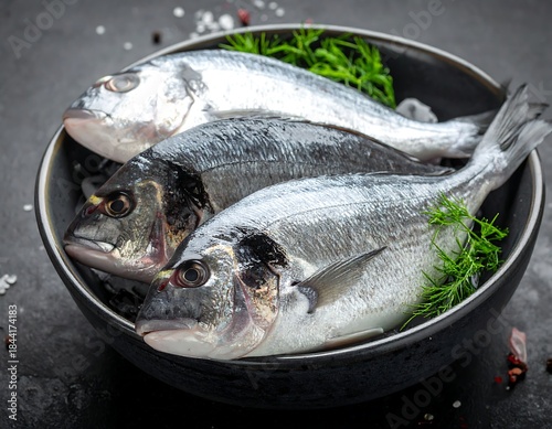 Wallpaper Mural Fresh, raw whole fish in a dark bowl with herbs and seasonings Torontodigital.ca
