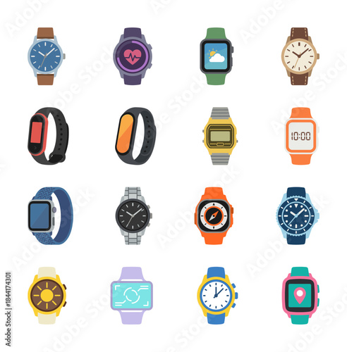 Collection of various wristwatches: classic analog watches, modern smartwatches, digital sports watches and fitness trackers vector illustration