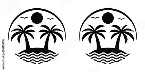 A simple black and white illustration depicts a tropical island scene with palm trees and a setting sun repeated twice