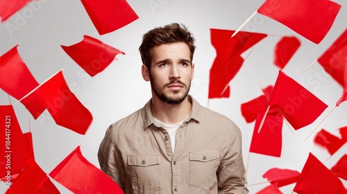 A man is looking at a bunch of red flags