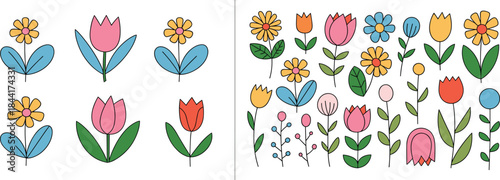 Colorful cartoon flowers set, flat illustration of cute floral icons, spring garden plants, decorative kids style botanical collection