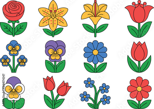 Colorful cartoon flowers set, flat illustration of cute floral icons, spring garden plants, decorative kids style botanical collection
